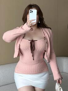 REIGN AVE Wrap Tie Design Sexy Tank Top Short Cardigan Spring Autumn New Pink Sweater Set - Baby Pink - View 3
