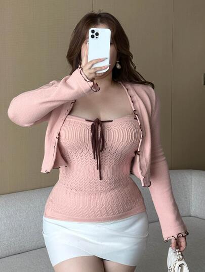REIGN AVE Conjunto de suéter rosa nuevo para primavera y otoño con top sexy de diseño cruzado con lazo y cárdigan corto