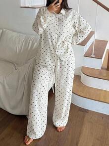 Dazy Plus Setelan Piyama Rumahan 2 Potong Celana Panjang Putih Longgar Motif Polkadot Gaya Korea - Putih - View 6