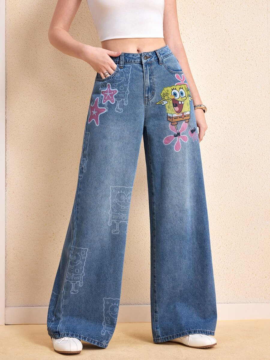 SpongeBob SquarePants | SHEIN Women's Casual Daily Denim Jeans With Pocket, Button And Cartoon Pattern - Blue - View 1