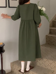 DAZY Solid Tie Front Smock Sleep Dress - Green - View 2