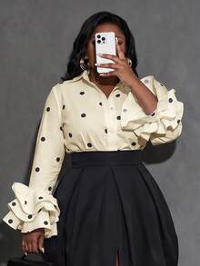 Slaydiva Women Plus Size Polka Dot Shirt With Turn Collar Long Sleeve Multi-Layer Cuff Design Fall - Apricot - View 8