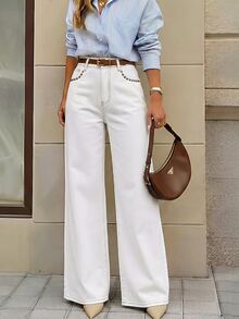 SHEIN PETITE Women's Casual Rivet & Embroidery Decorated Wide Leg Denim Jeans - White - View 8