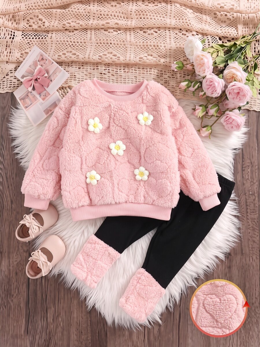 SHEIN Infant Girls Cute Fluffy Pink Floral Sweatshirt & Elastic Waist Long Pants Set - Pink - View 1