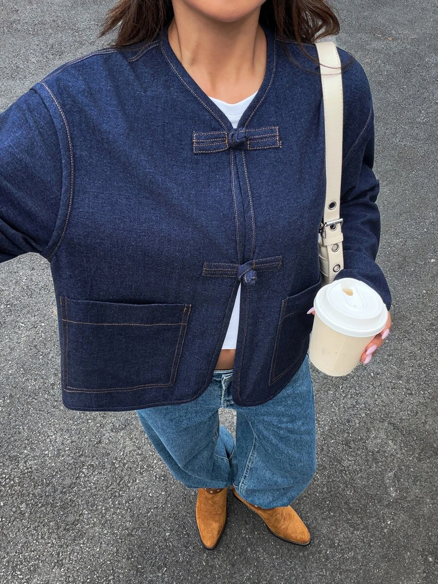 Siren Gaze Autumn/Winter New Denim Effect New Chinese Style Frog Button Jacket For Women - Blue - View 1