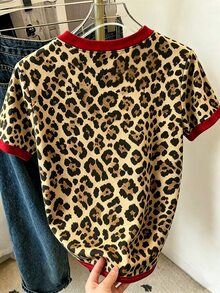 EMERY ROSE Leopard Print Color-Block Letter Print Casual Women's Crew Neck T-Shirt, Suitable For Summer - Multicolor - View 2