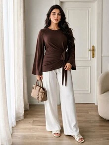 Solavon Plus Size Women Solid Color Casual Daily Long Sleeve T-Shirt - Brown - View 5