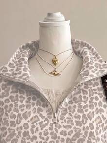 SHEIN EZwear 經典豹紋半拉鍊女款運動衫，水洗白與灰色，秋季休閒街頭風，適合多種場合，Y2K復古風，返校季秋冬上衣 - 彩色 - 查看 3