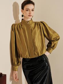Arave Women's Blouse Puff Sleeve Loose Pleated Metallic Texture Retro Stand Collar Gold Button Puff Shoulder Hidden Placket Elegant Gold Blouse Commuting - Mustard Yellow - View 6