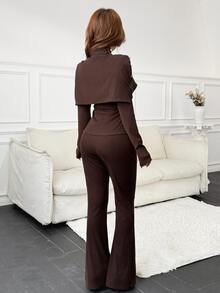 Feyla Women's Solid Color Fashion High Neck Long Sleeve Top And Slim Fit Pants Two Pieces Set - Brown - View 2