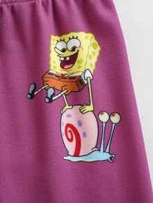 SpongeBob SquarePants | SHEIN طقم بيجامة منزلي يومي كاجوال للبنات الصغيرات بطبعة كرتونية، توب بأكمام قصيرة وبنطلون طويل - الأرجواني - مشاهدة 7