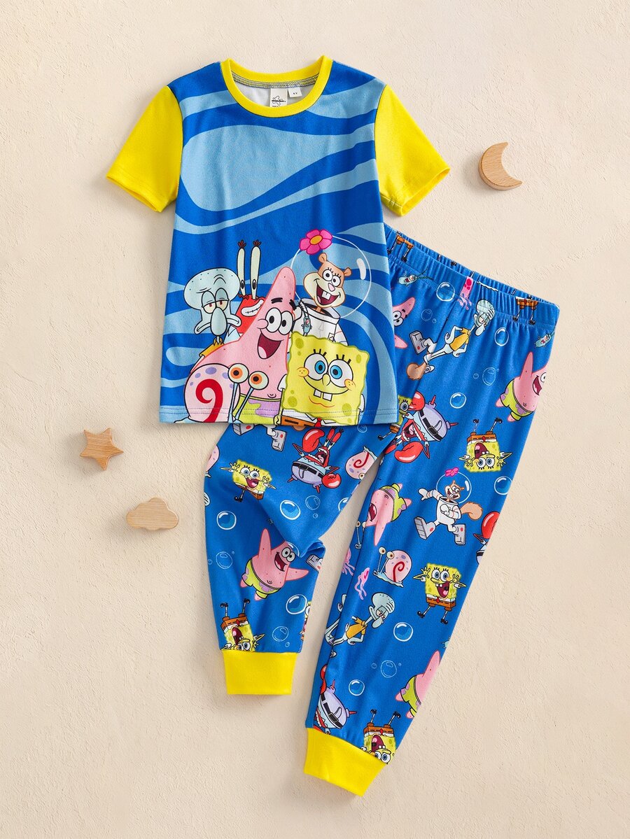 SpongeBob SquarePants | SHEIN 男童卡通圖案短袖上衣和長褲休閒家居睡衣套裝 - 藍色 - 查看 1