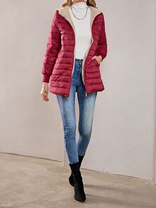 Aveloria Modichic 女款素色長袖拉鍊連帽抓絨休閒加厚棉服冬裝外套 - 紅色 - 查看 3