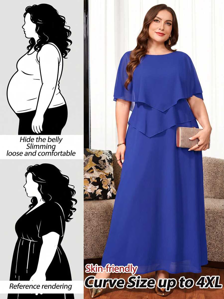 Reflora Plus Size Women Solid Color Casual Party Dress - Royal Blue - View 1