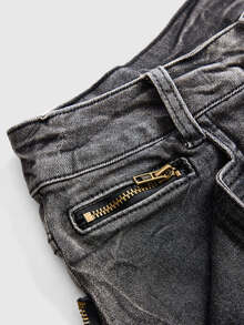 ROMWE Grunge Punk Y2K Millennium Hot Girl Skull Embroidery Cross Rivet Ultra Low Waist Women's Denim Shorts - Black - View 3