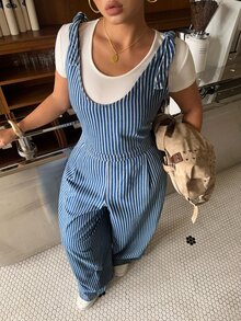 Rivivi Summer New Sexy Loose Print Striped Plus Size Denim Jumpsuit - Blue - View 7