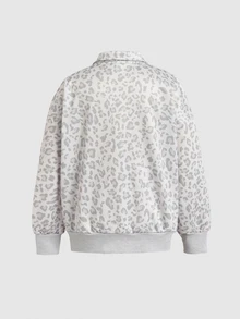 SHEIN 青少年女孩半拉鍊寬鬆運動衫，豹紋印花，街頭風，適合日常通勤 - 灰色 - 查看 4