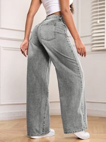 SHEIN PETITE 女款休閒時尚鈕扣口袋牛仔褲 日常穿著 - 灰色 - 查看 2