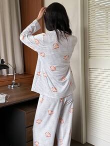 DAZY Women's Cartoon Print Button Up Top And Long Pants Pajama Set - Light Grey - View 2