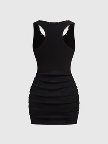 ROMWE Grunge Punk Women's Vintage Hot Girl Neutral Street Style Versatile Eye Starry Sky Print Five-Pointed Star Studded Fitted Mini Dress - Black - View 2