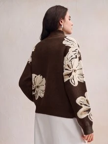 Anewsta 優雅時尚通勤風花卉水鑽鑲嵌女款針織衫 - 棕色 - 查看 3