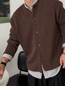 DAZY Spring/Autumn Collarless Knit Lightweight Commuter Long Sleeve Short Length Korean Style Casual Men's Shirt - Brown - View 4