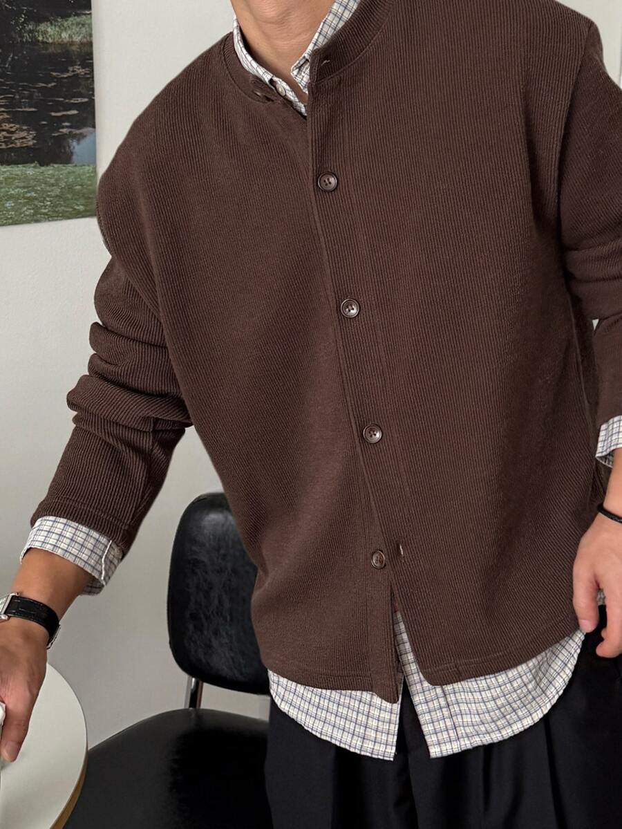 DAZY Kemeja Pria Kasual Gaya Korea Lengan Panjang Pendek Rajut Ringan Tanpa Kerah untuk Musim Semi/Gugur - Coklat - View 1