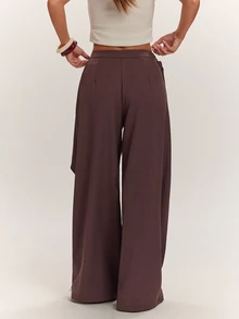 SHEIN BAE Fall Clothes For Women's Loose Solid Color Knot Asymmetric Design Casual Long Pants - Coffee Brown - View 2