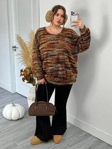 SHEIN CURVE+ 女款大尺碼長袖休閒運動上衣 - 棕色 - 查看 4