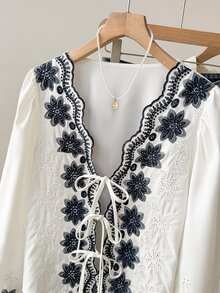 Muvela Women's Elegant Hollow Floral Design Blouse - Blue and White - View 6