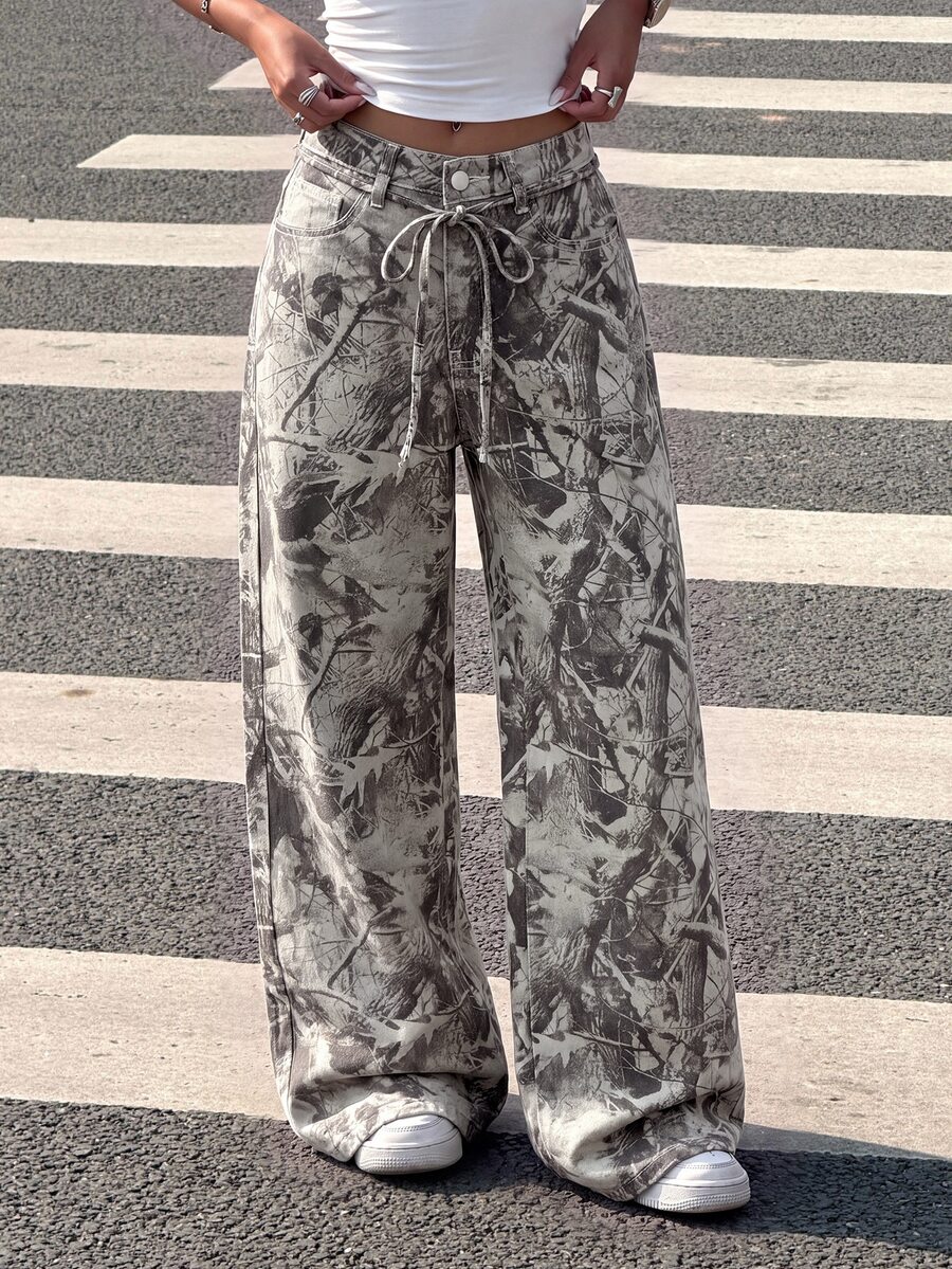 SHEIN EZwear 女款紋理圖案蝴蝶結裝飾口袋鈕扣寬鬆休閒牛仔褲 - 彩色 - 查看 1