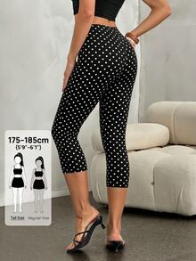 SHEIN Tall 高腰波點印花七分緊身褲 - 黑色 - 查看 2