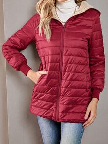 Aveloria Modichic 女款素色長袖拉鍊連帽抓絨休閒加厚棉服冬裝外套 - 紅色 - 查看 4