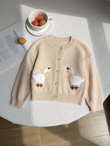 SHEIN Vintaside Kids 女童粉色圓領針織開襟毛衣，柔軟田園風，3D毛巾繡花蝴蝶結，可愛甜美卡通休閒款，適合秋冬外出、旅行、玩耍與戶外遠足 - 黃色 - 查看 6