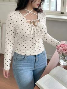Dazy Plus Fashion Polka Dot Halter Neck Tie Fitted Korean Style Spring Autumn New Long Sleeve T-Shirt - Beige - View 2