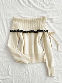 Elamini Women's Slim Fit Lace Trim Off Shoulder Long Sleeve Patchwork Tie Bow Knit Sweater - Apricot - View 4
