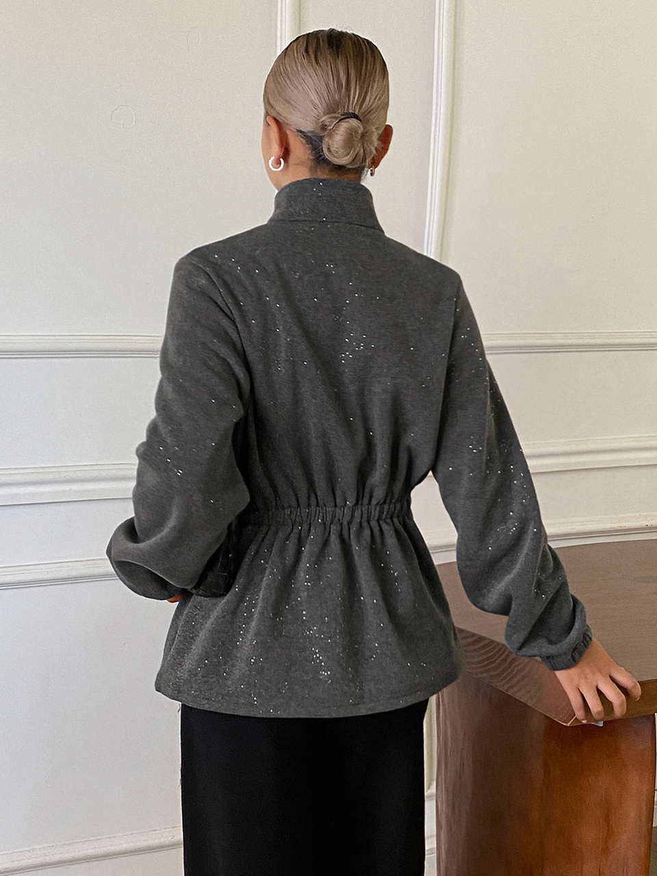 Grey Sequin Decor Stand Collar Zipper Waist-Cinching Pleated Hem Long Sleeve Fashionable Elegant Sweatshirt Jacket