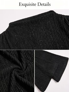 SOLERSUN 大尺碼亮面抓褶喇叭袖上衣，不對稱抓褶下擺修身 T-shirt - 黑色 - 查看 7
