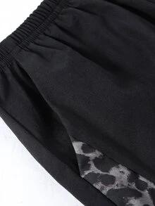 SHEIN 青少年女孩豹紋拼接降落傘褲，黑色寬鬆復古街頭風，比賽日家庭穿搭 - 黑色 - 查看 4