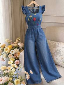 GlowEve Women's Floral Embroidered Pattern Casual Daily Summer Denim Jumpsuit - Blue - View 1