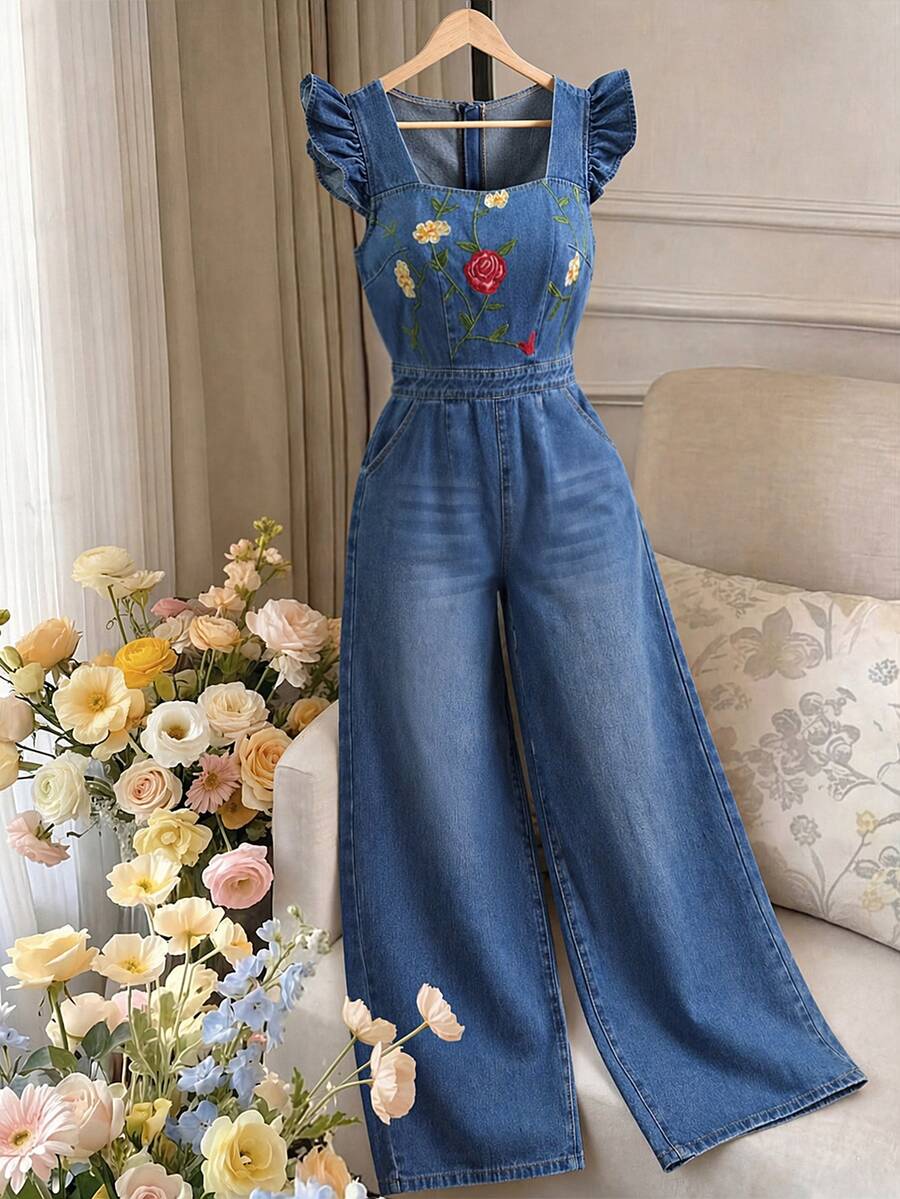 GlowEve Women's Floral Embroidered Pattern Casual Daily Summer Denim Jumpsuit - Blue - View 1