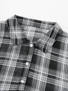 SHEIN CURVE+ 大尺碼長袖休閒條紋襯衫，秋季女裝 - 黑色 - 查看 5
