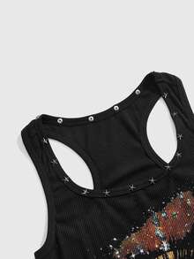 ROMWE Grunge Punk Women's Vintage Hot Girl Neutral Street Style Versatile Eye Starry Sky Print Five-Pointed Star Studded Fitted Mini Dress - Black - View 3