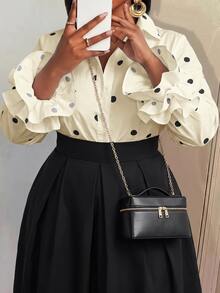 Slaydiva Women Plus Size Polka Dot Shirt With Turn Collar Long Sleeve Multi-Layer Cuff Design Fall - Apricot - View 5