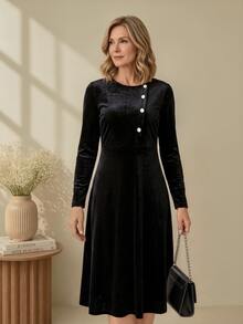 EMERY ROSE Middle-Aged Women Solid Color Round Neck Button Decor Waist-Cinching Slimming Long Sleeve Dress - Black - View 6