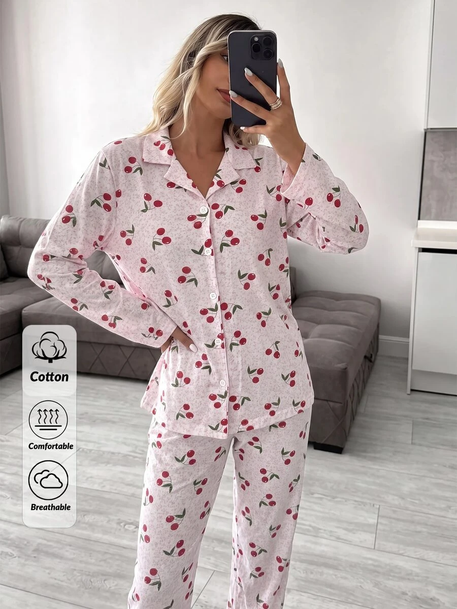 SHEIN طقم ملابس نوم قطعتين بنقشة الكرز - أبيض - مشاهدة 1