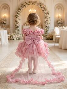 SHEIN Gaun Putri Bayi Balita Bahu Terbuka dengan Ekor Panjang Bahan Mesh - Dusty Pink - View 6
