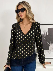 Elyressa Women's Woven Casual V-Neck Fall Blouse - Black - View 3