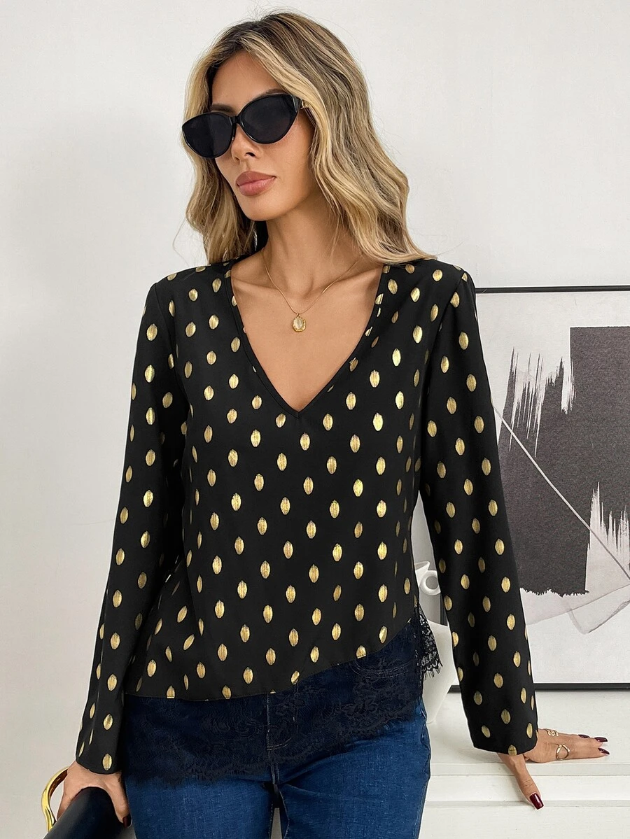 Elyressa Women's Woven Casual V-Neck Fall Blouse - Black - View 1