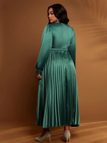 BrightlyHer Plus Size Women's Round Neck Dark Green Long Sleeve Party Wedding Formal Dress Autumn Elegant - Navy Blue - View 2